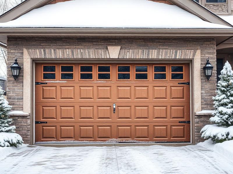 Garage door in winter conditions showing proper weatherproofing and maintenance