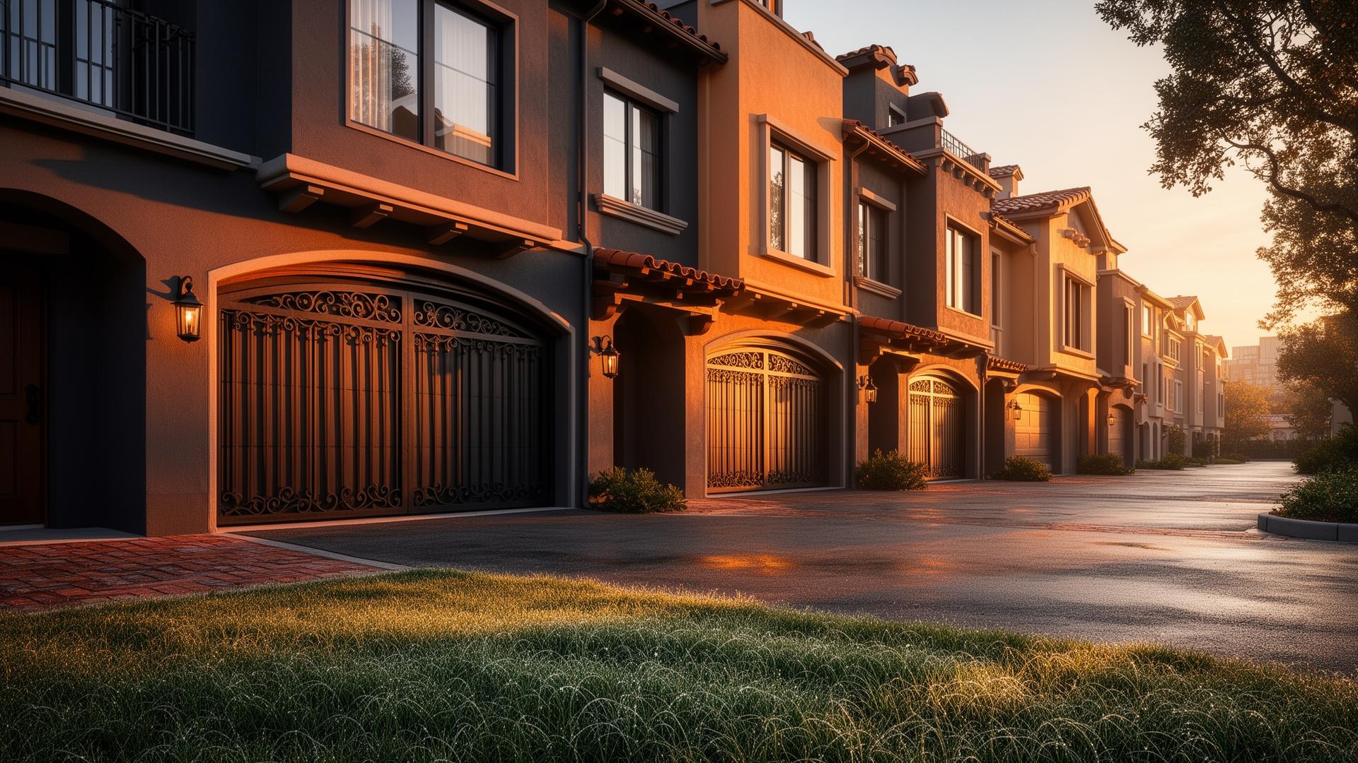 Premium Spanish colonial style garage doors with decorative iron grilles on upscale townhouse